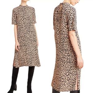 Anthropologie Sz M Mackenzie Mock Neck Leopard Cheetah Midi Dress Tan Black Fall